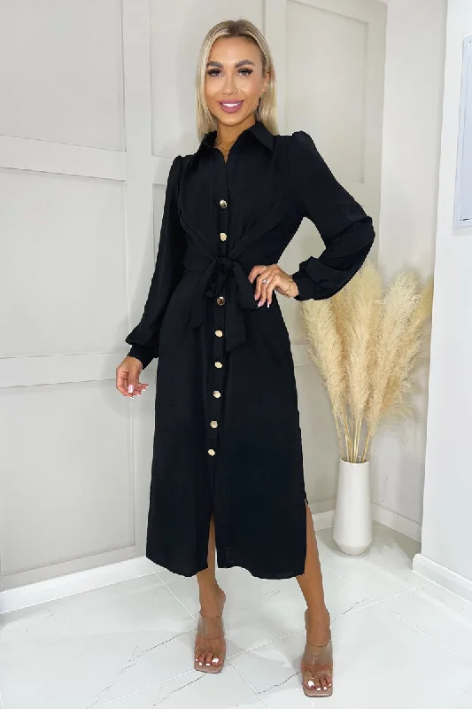 Cute Printed Shirt Dress-Black Button Front Tie Midi Shirt Dress