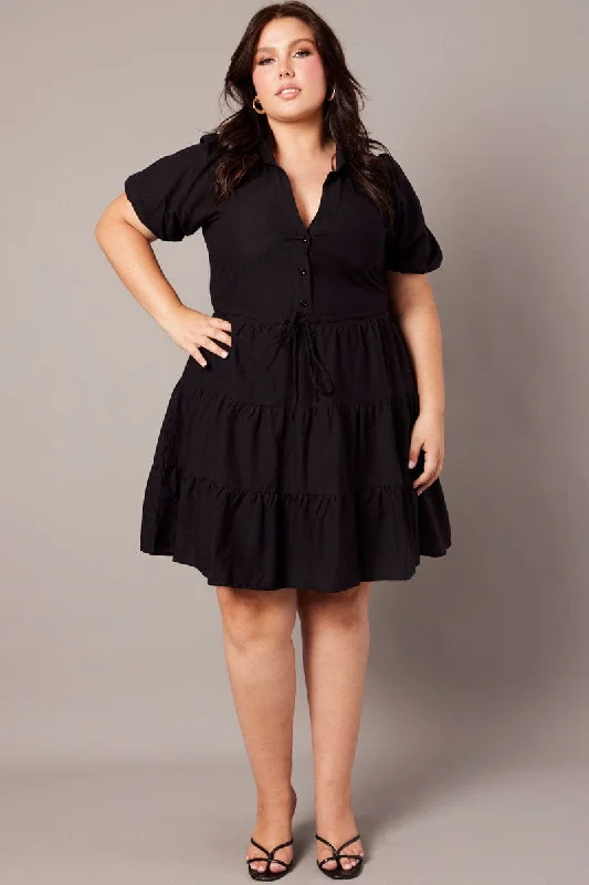 Simple Cotton Shirt Dress-Black Button Through Collared Shirtdress