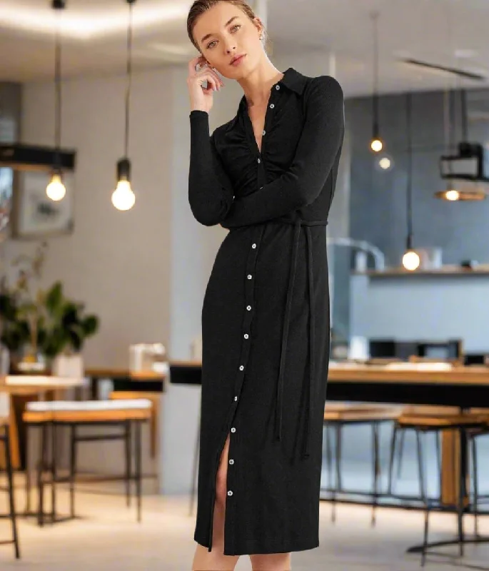 Wrap Shirt Dress-Black Buttoned Ribbed Midi Shirt Dress