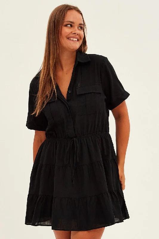 Women's Green Shirt Dress with Belt-Black Cargo Shirtdress Short Sleeve Cotton Mini