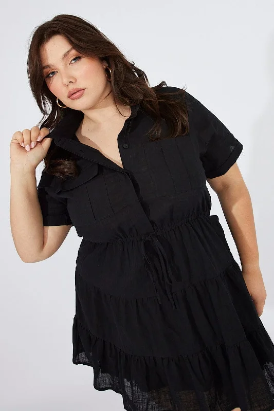 Denim Casual Shirt Dress-Black Cargo Shirtdress Short Sleeve Cotton Mini