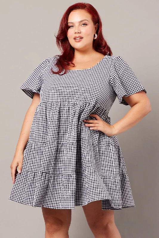 Fit and Flare Dress -Black Check Smock Dress Flare Sleeve Tiered Round Neck