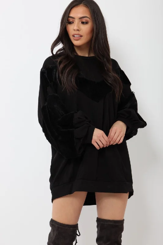 Women's Lace Side Midi Dress-Black Chevron Fur Jumper Dress - Esme