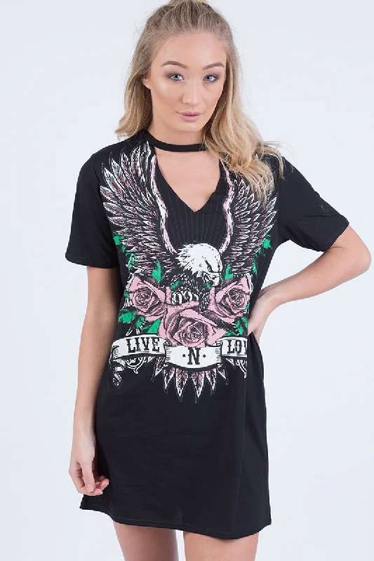 Checked Long Sleeve Shirt Dress-Black Choker Live N Love Eagle Print T Shirt Dress - Tia