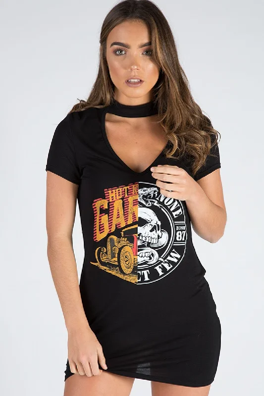 White T-shirt Shirt Dress-Black Choker Neck Cut Out Slogan T-Shirt Dress - Sophie