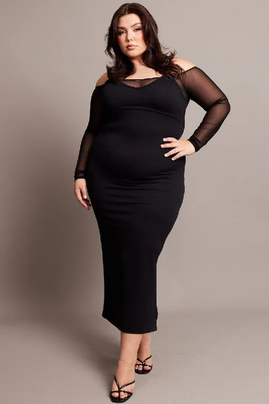 Women's Casual Off-shoulder Bodycon Dress -Black Cold Shoulder Bodycon Maxidress With Mesh Sleeves