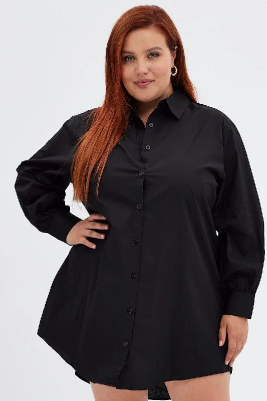 Green Shirt Dress-Black Cotton Shirtdress Oversized Long Sleeve