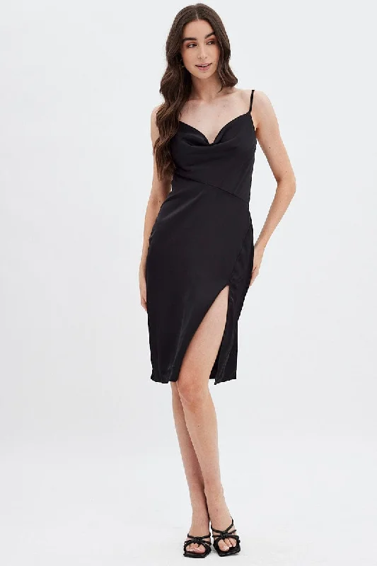 Satin Slip Dress with Plunging Back -Satin Slip Dress for Evening with Lace Detail -Black Cowl Neck Slip Midi Dress
