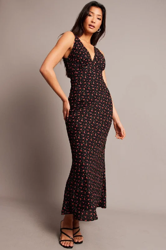 Women's Satin Off-the-shoulder Maxi Dress-Black Ditsy Maxi Dress V-Neck Sleeveless