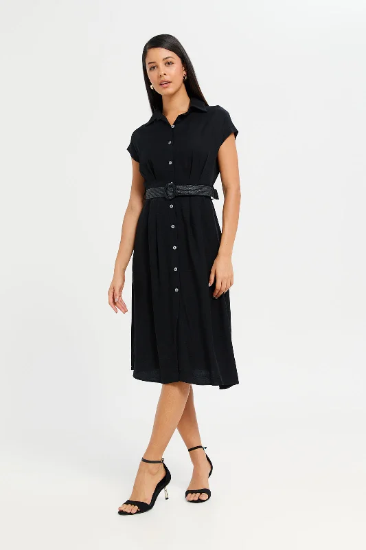 Button-up Pink Shirt Dress-Women Black Belted Shirt Dress