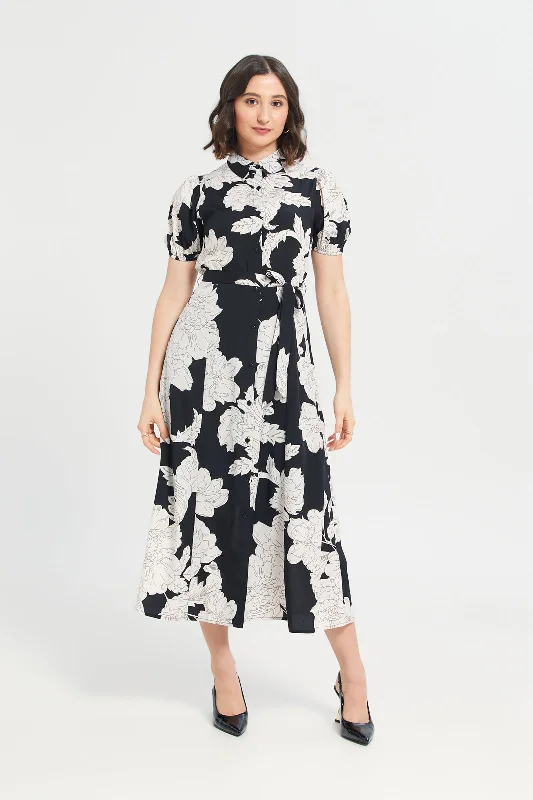 Casual Party Shirt Dress-Women Black Printed Peasant Shirt Dress