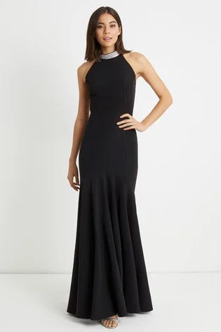 Women's Classic V-neck Maxi Dress-Black Embellished Halterneck Maxi Dress