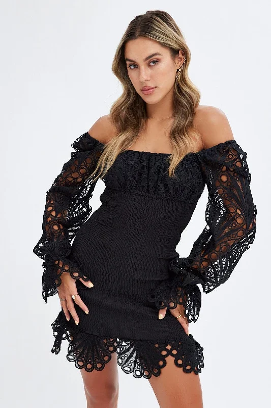Blue Floral Bodycon Dress -Black Embroidered Sleeves Shirred Bodycon Dress