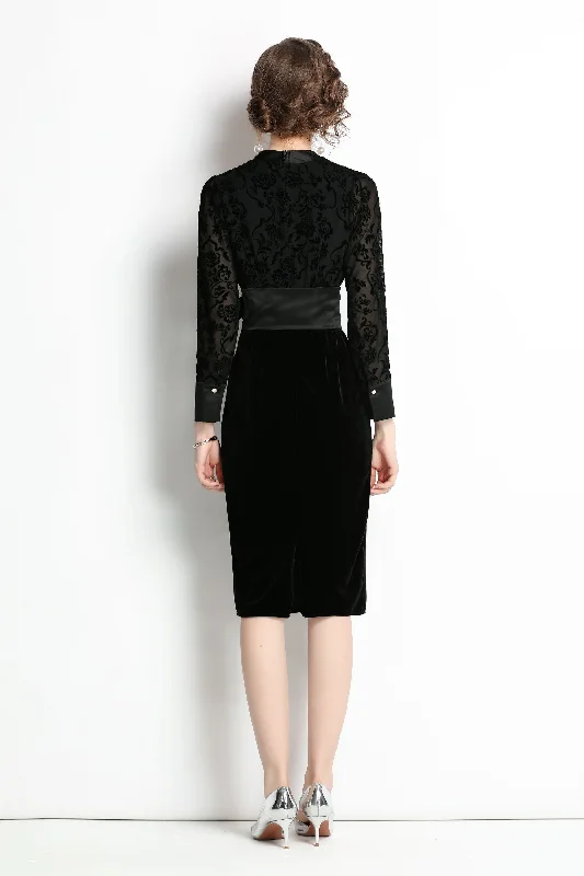 Simple Bodycon Dress -Black Evening Bodycon V-neck Long Sleeve Knee Dress with Bow