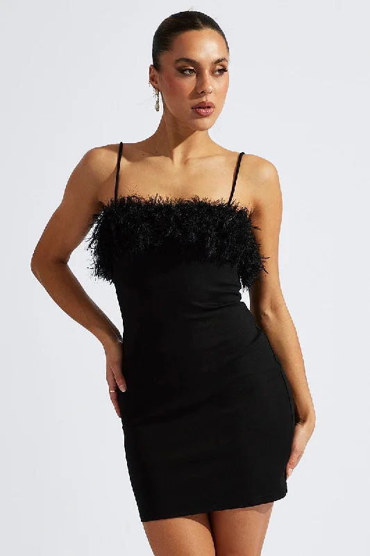 Bodycon Dress with Halter Neck -Black Faux Feather Trim Bodycon Strappy Mini Dress