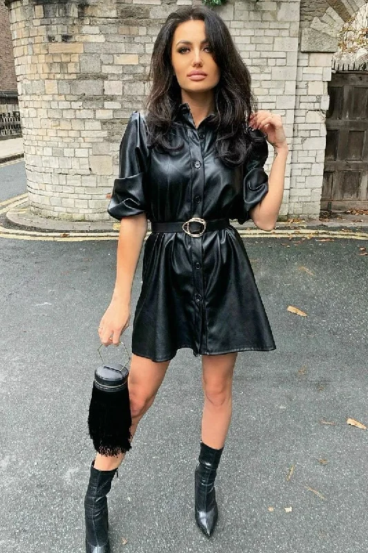 Floral Print Shirt Dress-Black Faux Leather Puff Sleeve Shirt Dress - Fizza