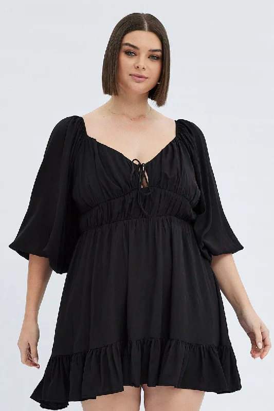 Stretch Flare Dress -Black Fit And Flare Dress 3/4 Sleeve Tiered Cut Out