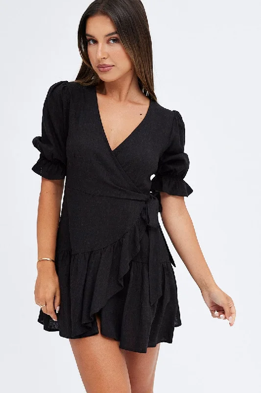 Layered Flare Dress -Black Fit And Flare Dress Puff Sleeve Linen Blend