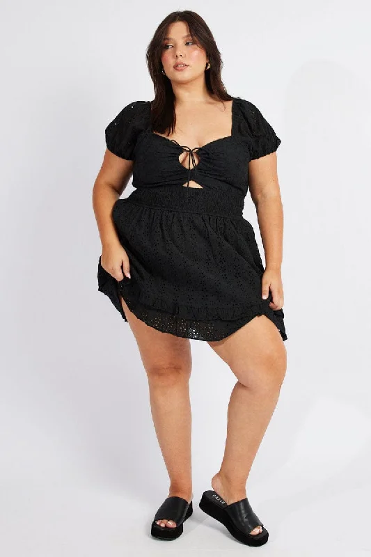 High Neck Flare Dress -Black Fit And Flare Dress Short Sleeve Embroidered