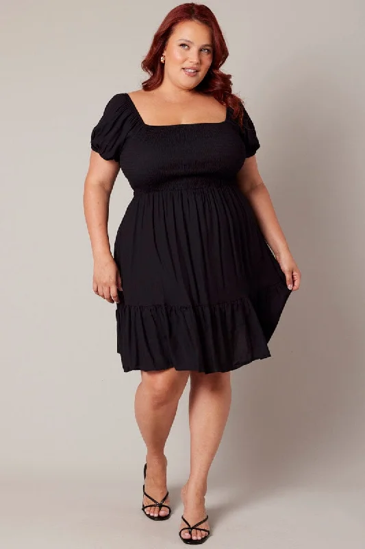 Denim Flare Dress -Black Fit And Flare Dress Short Sleeve Shirred