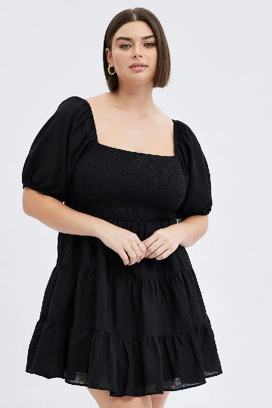 Flare Dress with Belt -Black Fit And Flare Dress Short Sleeve Shirred