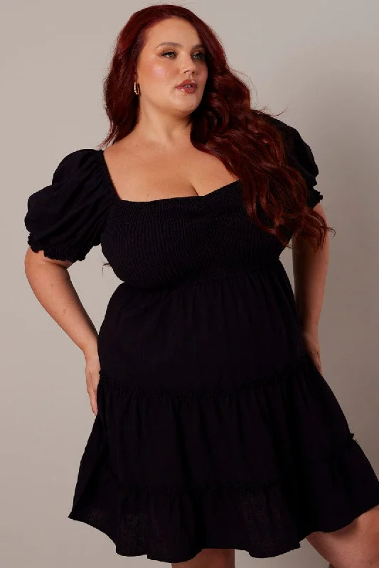Satin Flare Dress -Black Fit And Flare Dress Short Sleeve Shirred