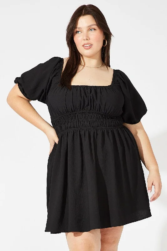 Off-shoulder A-line Flare Dress -Black Fit And Flare Dress Short Sleeve Shirred Waist Off-shoulder A-line Flare Dress -Black Fit And Flare Dress Short Sleeve Shirred Waist
