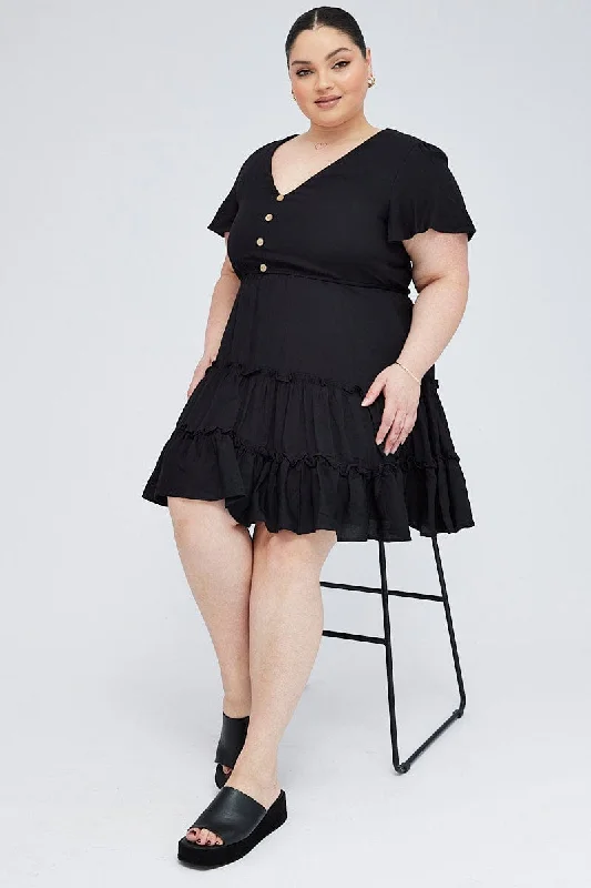 Puff Sleeve Flare Dress -Black Fit And Flare Dress Short Sleeve V-neck