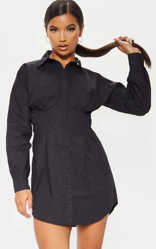 Fashionable Women's Shirt Dress-Black Fitted Waist Shirt Dress