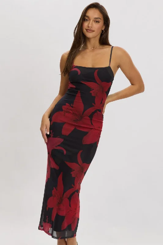 Bodycon Dress with Frills -Black Floral Bodycon Dress Maxi Mesh