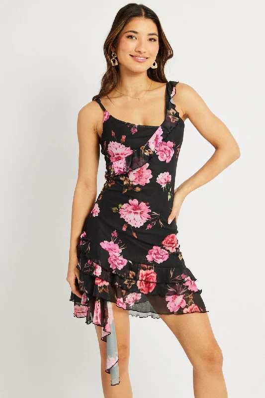 Bodycon Dress with Gold Accents -Black Floral Bodycon Dress Ruffle Hem Mini Mesh