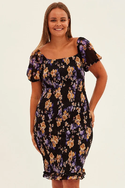 Bodycon Dress with Tulle Overlay -Black Floral Bodycon Dress Short Sleeve Off Shoulder Shirred