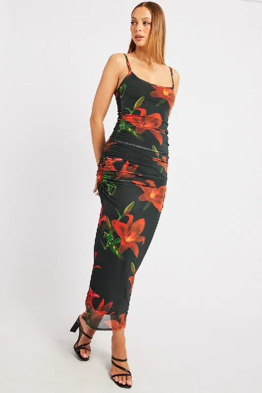 Pink Bodycon Dress -Black Floral Bodycon Dress Singlet Mesh