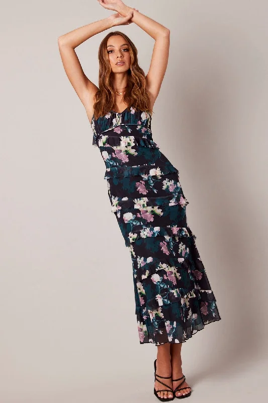 Women's Dress with Bodycon Fit -Black Floral Bodycon Dress Singlet Sweetheart Frill