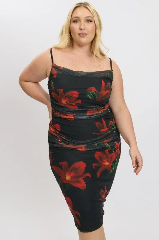 Blue Floral Bodycon Dress -Black Floral Cowl Neck Shoestring Strap Bodycon Maxi Dress