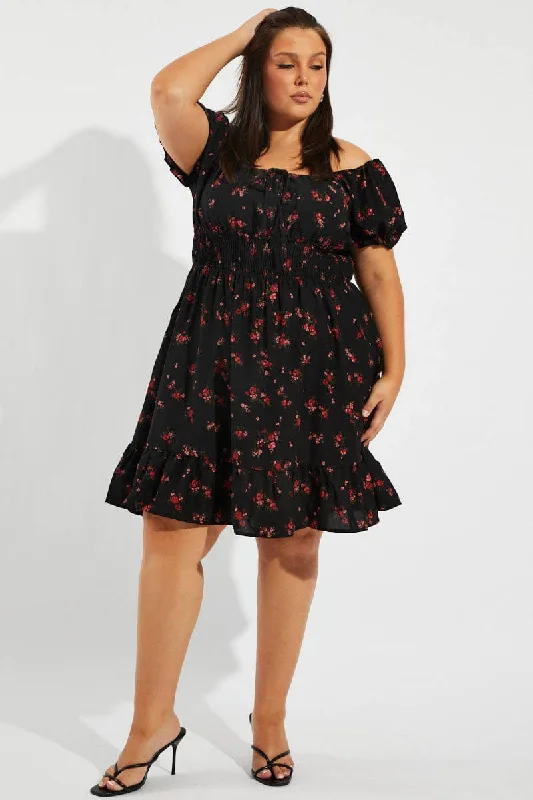 Chic Flare Dress -Black Floral Fit And Flare Dress Short Sleeve Ruched Bust