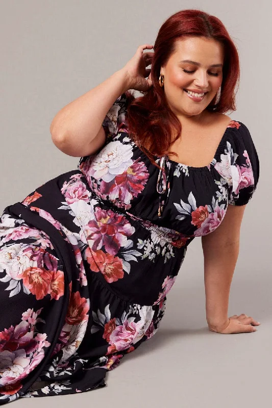 Women's Floral V-neck Maxi Dress-Black Floral Maxi Dress Short Sleeve Tiered