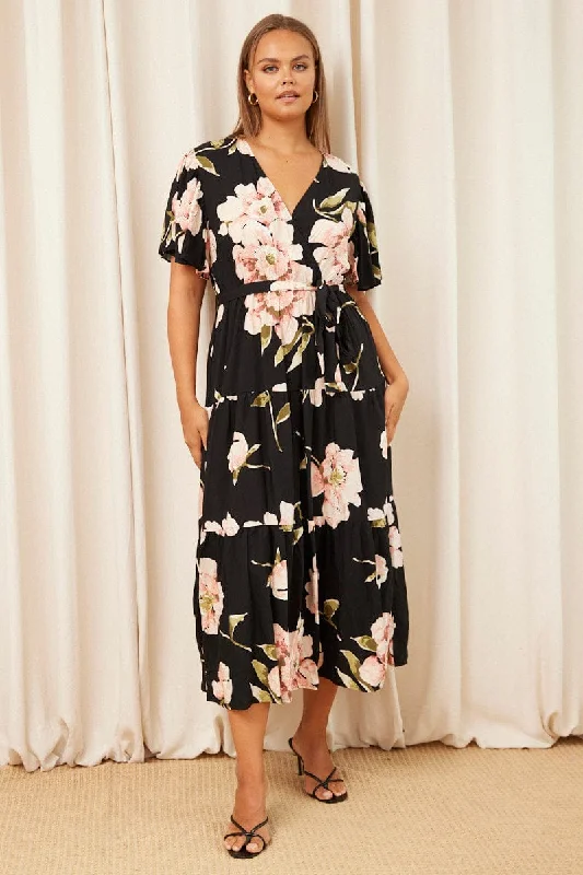 Women's Lightweight Maxi Dress-Black Floral Maxi Dress Short Sleeve Wrap Front Tiered Women's Lightweight Maxi Dress-Black Floral Maxi Dress Short Sleeve Wrap Front Tiered