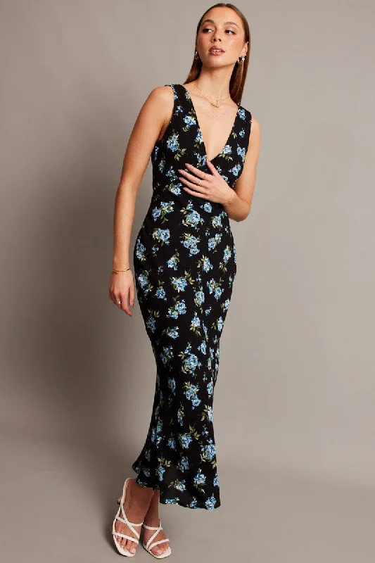 Women's Denim Maxi Dress-Black Floral Maxi Dress V-Neck Sleeveless