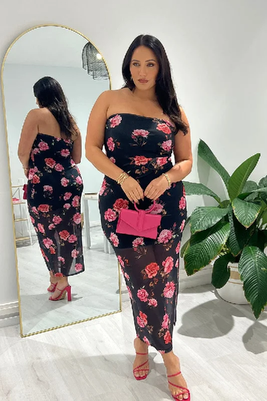 Women's Black Satin Bodycon Dress -Black Floral Mesh Strapless Bodycon Dress