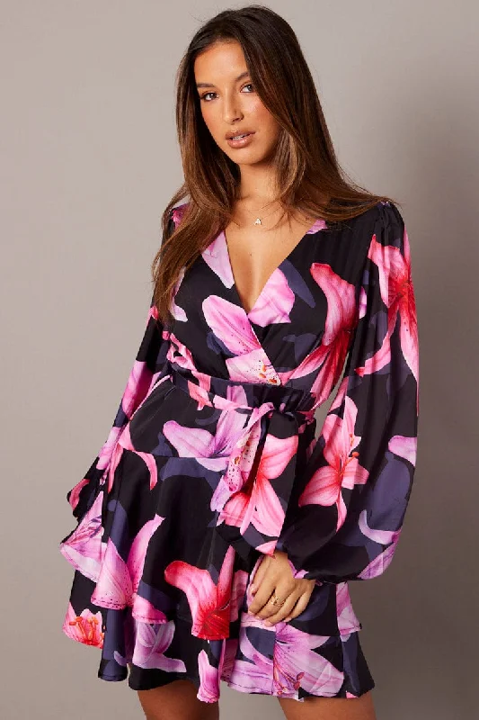 Vintage Wrap Dress for Day Out -Wrap Dress with Long Sleeves -Black Floral Wrap Dress Balloon Sleeve Floaty Skater Dress Vintage Wrap Dress for Day Out -Wrap Dress with Long Sleeves -Black Floral Wrap Dress Balloon Sleeve Floaty Skater Dress