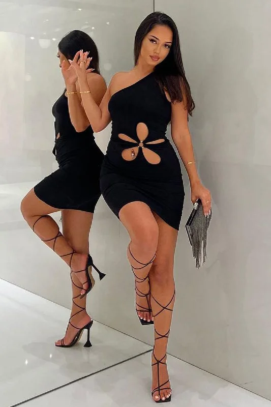 Women's Spaghetti Strap Mini Dress-Black Flower Cut Out One Sleeve Mini Dress - Hope Women's Spaghetti Strap Mini Dress-Black Flower Cut Out One Sleeve Mini Dress - Hope