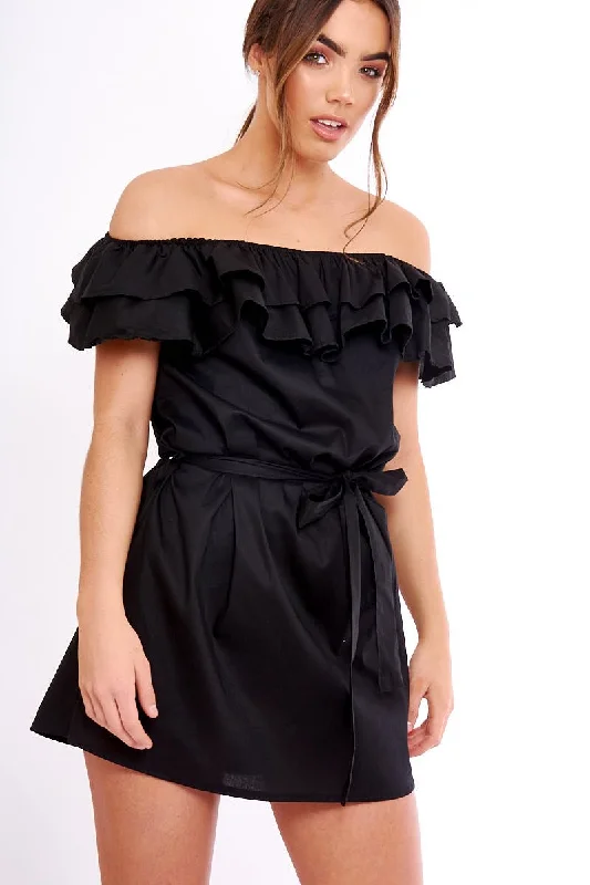 Printed Cotton Shirt Dress-Black Frill Bardot Tie Waist Shirt Dress - Ally
