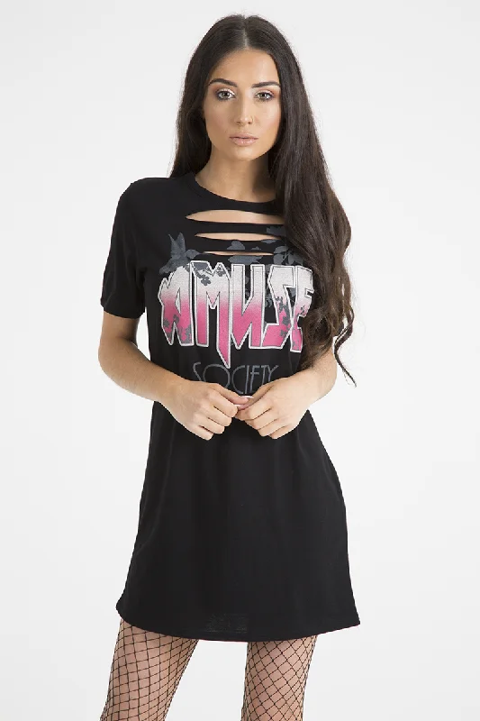 Shirt Dress with Pockets-Black Front Distressed 'Amuse Society' T-Shirt Dress - Lexi