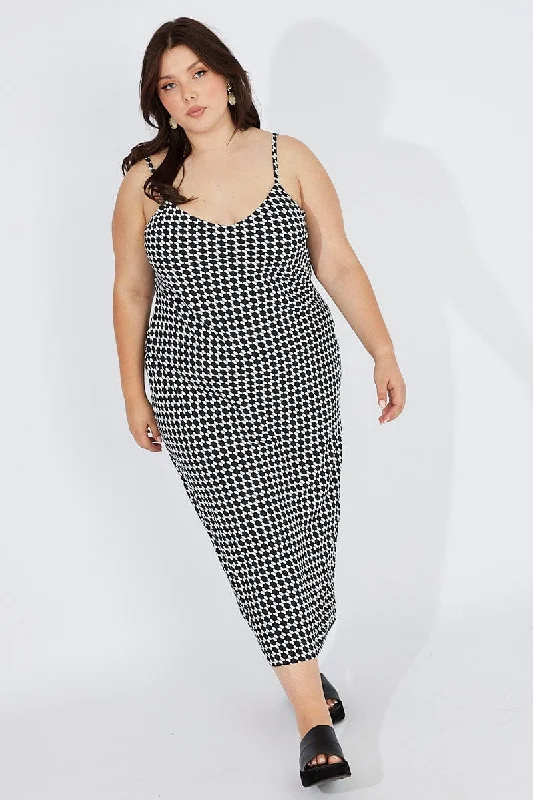 Casual Slip Dress with Pockets -Women's Satin Slip Dress with Adjustable Straps -Black Geo Shoestring Strap Slip Maxidress