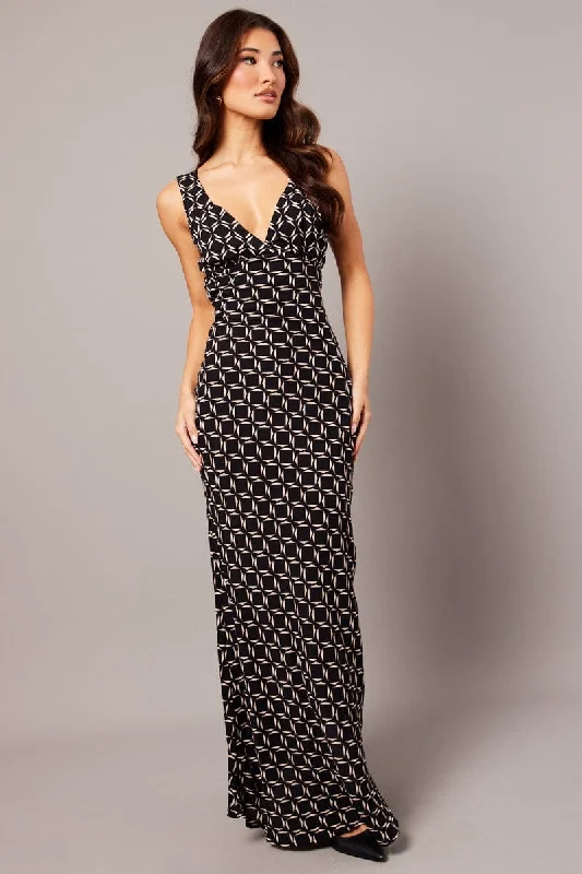 Slip Dress with Lined Bodice -Sexy Red Slip Dress with Lace Detail -Black Geo Slip Dress Maxi