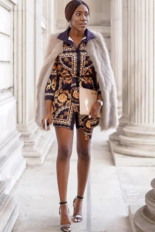 Deep V-neck Shirt Dress-Black Gold Chain Print Belted Shirt Dress - Estie
