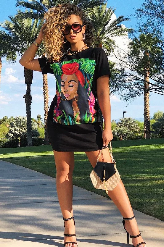 Office Casual Shirt Dress-Black Graphic Printed T-shirt Dress - Meeka