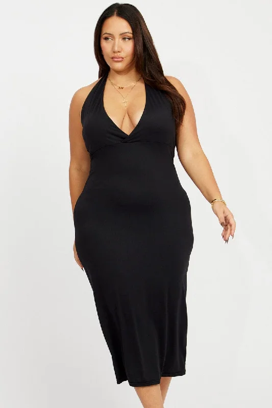 Women's Bodycon Dress for Casual Wear -Black Halterneck Supersoft Bodycon Maxidress