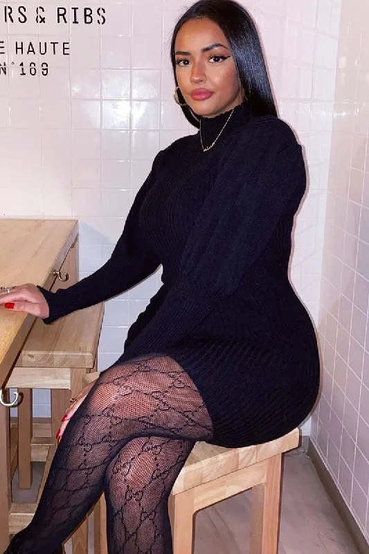 Casual Plus Size Bodycon Dress -Black High Neck Balloon Sleeve Bodycon Jumper Dress - Ginna